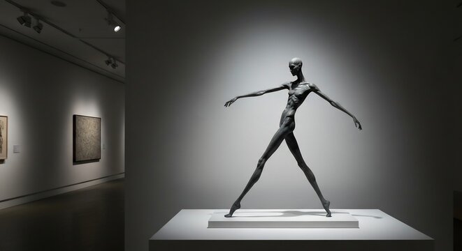 Sculpture of gaunt figure arms outstretched stands on white plinth in gallery Soft light highlights form