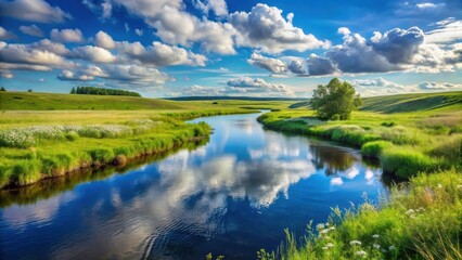 Serene River Reflecting a Summer Sky's Majestic Cloudscape Across Lush Green Meadows