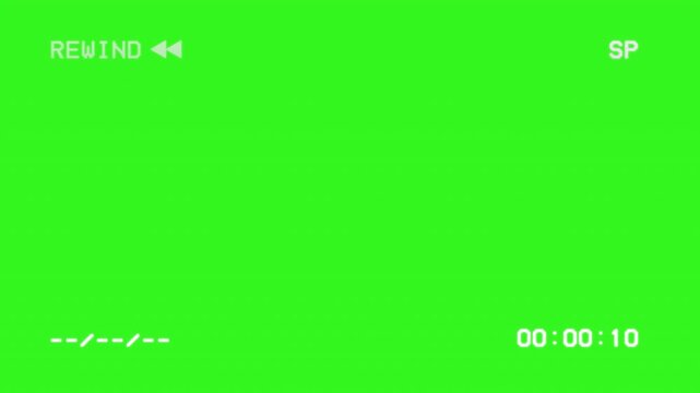4k footage of Vhs interface with time code on green screen. vcr retro vintage analog screen.