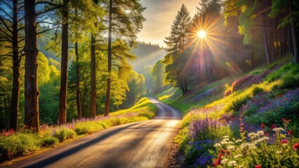 Obraz premium Sunlit Pathway Through a Vibrant Spring Forest with Blooming Wildflowers and Tall Trees