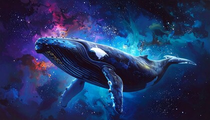 A whale floats among colorful cosmic nebulas, set against a deep blue starry background. Dreamy, vibrant, otherworldly