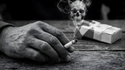 Smoking kills hand holding cigarette with skullshaped smoke, representing health risks and addiction, black and white concept