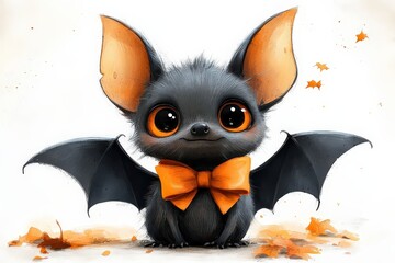 Close-up of a small bat figurine with big eyes against a white background. This playful Halloween-themed composition creates a spooky yet sweet atmosphere.