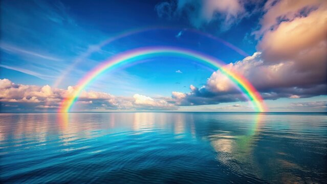 Serene Ocean Landscape with a Vibrant Double Rainbow Arcing Across a Calm Sea Under a Dramatic Sky