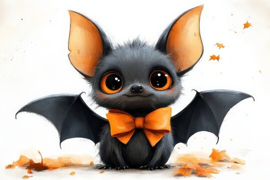 Close-up of a small bat figurine with big eyes against a white background. This playful Halloween-themed composition creates a spooky yet sweet atmosphere.