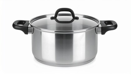 Stainless steel pot with glass lid on white background.