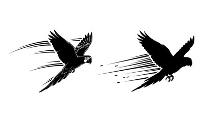 Obraz premium Dynamic flying parrot silhouettes with speed lines for speed and motion concepts