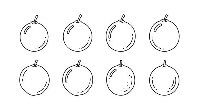 Hand-drawn sketch collection of eight round fruits with stems and leaves vector