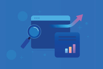 Digital marketing growth analytics with search and upward arrow icon.