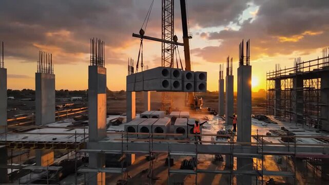 Construction Site Progressing Under A Stunning Sunset With Crane and Concrete Elements