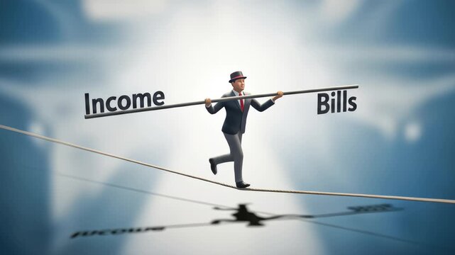 Businessman Balancing on Tightrope with Pole Weighing Income and Bills representing Financial Stability and Budgeting Concept