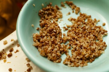 Small portion of boiled buckwheat porridge in plastic camping plate on table