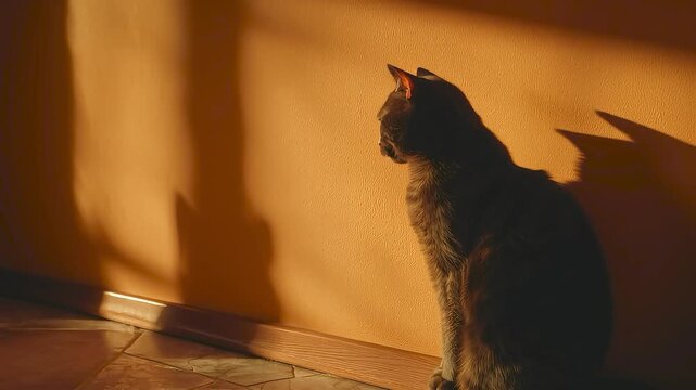 This cozy indoor photo shows a gray cat (with alert eyes) sitting in a corner, illuminated by warm golden light that casts long shadows on the textured wall, creating a calm, intimate atmosphere.