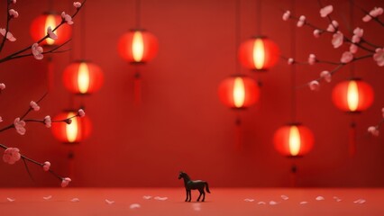 Fototapeta premium Lunar New Year celebration with traditional red lanterns, delicate cherry blossoms, and a symbolic horse