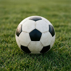 Fototapeta premium Soccer ball on grass field close up, classic football ball outdoors, sport equipment for training and match, realistic soccer ball on lawn, outdoor sports background, football field detail, competitio