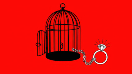 A powerful visual: a sparkling diamond ring chained to an empty birdcage against a bold red background &mdash; with the message &ldquo;DON&rsquo;T STAY SILENT.&rdquo; It symbolizes how love can become a prison in abusive rel