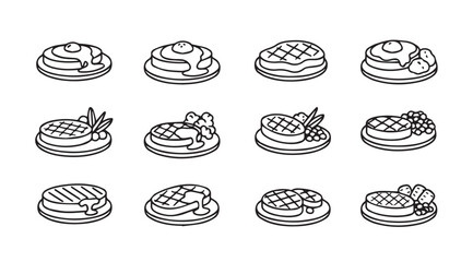 Collection of hand-drawn steaks and savory dishes presented on plates in a gridded layout vector
