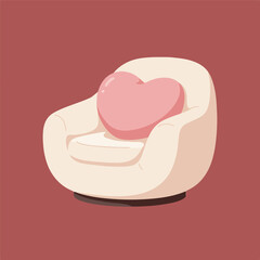 A plush cream armchair with a pink heart-shaped pillow against a muted red background.