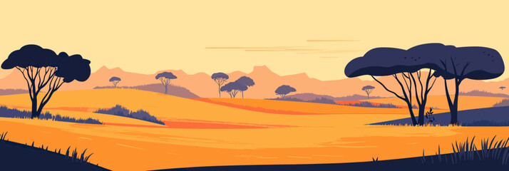 Minimalist flat vector illustration of African savannah landscape with acacia trees rolling hills and warm sunset colors in smooth simple style
