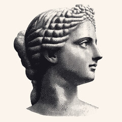 Halftone vintage dots illustration of ancient classical Greek female sculpture profile vector design with detailed wavy hair and serene expression