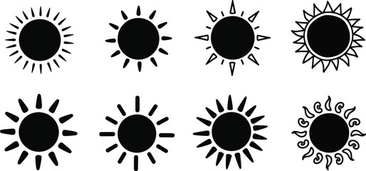 A collection of stylized sun icons with varying ray designs