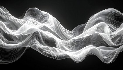 Abstract flowing white lines create a wave-like pattern against a stark black background