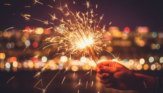 A hand holding several glowing sparklers illuminates the night with vibrant golden sparks creating an energetic festive atmosphere filled with celebration and seasonal excitement