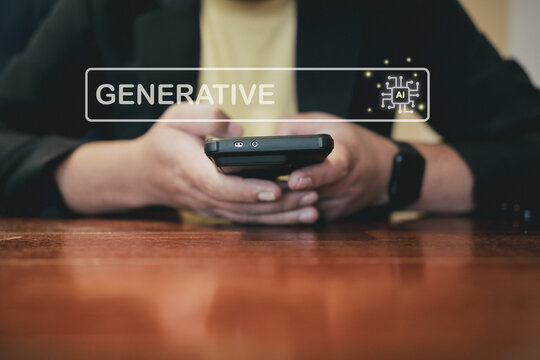 Close-up hands using smartphone with generative AI interface, showcasing artificial intelligence, digital assistant, and modern mobile technology for business and innovation. - Powered by Adobe