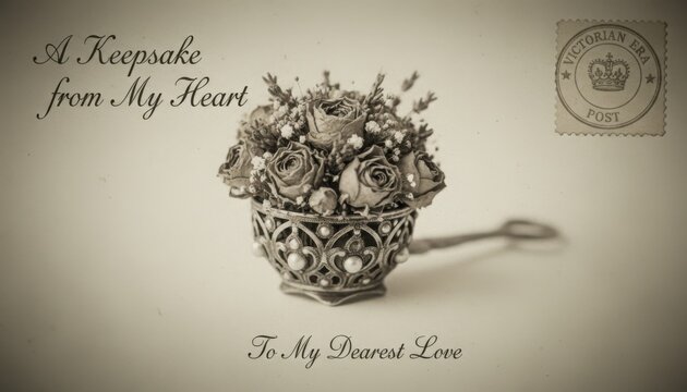 An artistic vintage style composition featuring an ornate posey holder filled with delicate dried flowers expressing enduring affection and symbolic remembrance in nostalgic form