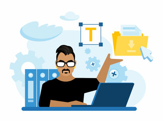 Download operating system updates. A software developer is working on a web development project using his laptop. Manage settings using a code. Flat vector illustration