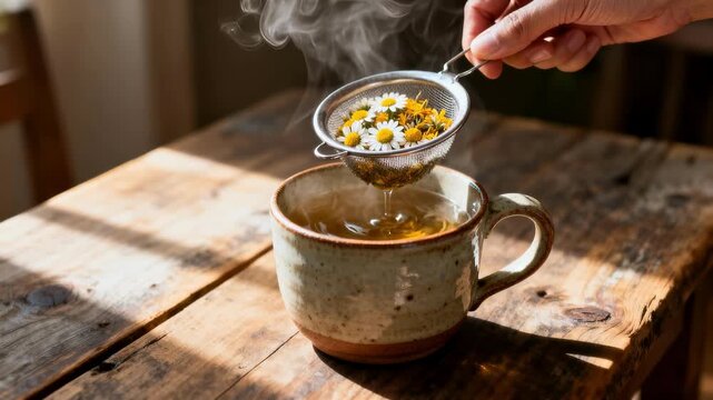 Brewing hot chamomile tea with a metal strainer on a wooden table. Steaming herbal infusion dripping into a rustic mug in morning sunlight
