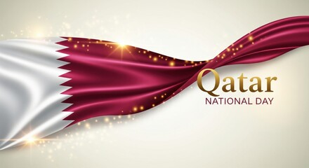 Elegant Qatar National Day illustration with a flowing maroon-and-white flag, golden sparkles, and festive patriotic design. Perfect for celebrations, banners. December 18