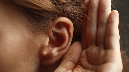 Person cupping ear to listen intently and hear sounds clearly