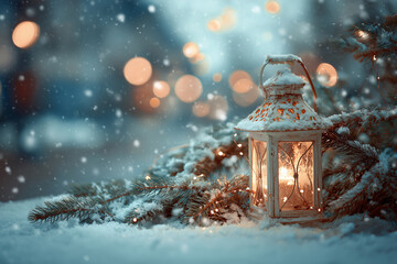 Zimowa sceneria ze starą, białą latarnią na śniegu, oświetlającą gałązki igliwia. W tle padający śnieg i rozmyte, ciepłe, świąteczne światła.