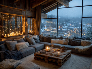 Przytulny, zimowy azyl z widokiem. Nowoczesna, rustykalna chata z panoramicznym oknem na ośnieżone miasto, oświetlona migoczącymi lampkami i świecami.