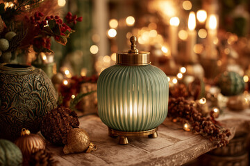 Przytulny, świąteczny stół w ciepłych barwach. Ozdobny zielony lampion ze złotymi elementami, otoczony bombkami, suszonymi owocami i zielono-czerwoną kompozycją.