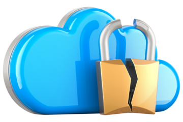 Hacking the cloud, concept. Computing Cloud with Broken Padlock, transparent background