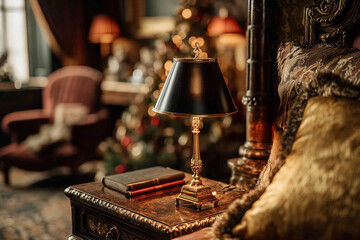 Lampa stołowa z czarnym abażurem i mosiężną podstawą stoi na antycznej szafce nocnej, z rozmazaną, świąteczną dekoracją w tle.