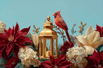 Czerwony kardynał siedzi na gałązce obok złotej latarenki, otoczony bujną kompozycją kwiat&oacute;w: czerwonymi poinsecjami i kremowymi hortensjami.