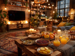 Fototapeta premium Przytulne wnętrze w ciepłym, nastrojowym świetle z industrialnymi elementami, zastawiony drewniany stół pełen owoców i przekąsek.