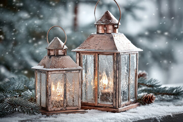 Dwie miedziane latarnie stoją na śniegu wśr&oacute;d igliwia, oświetlone ciepłym płomieniem świecy, w zimowej, mroźnej scenerii z opadającym śniegiem.