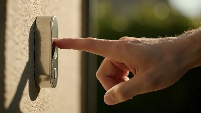 Person pressing modern doorbell button at house entrance.