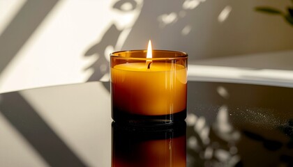 Amber scented candle on glossy black surface with sharp reflection and shadow play