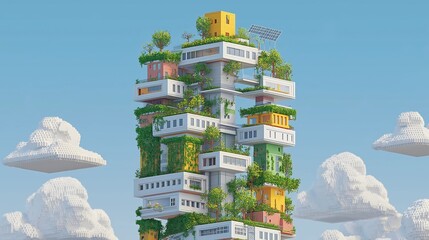 A unique skyscraper rises with multiple colorful sections and green plants, set against a bright blue sky filled with soft clouds