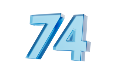 3d Glossy Blue number 74 with a smooth finish and reflective highlights. 3d illustration