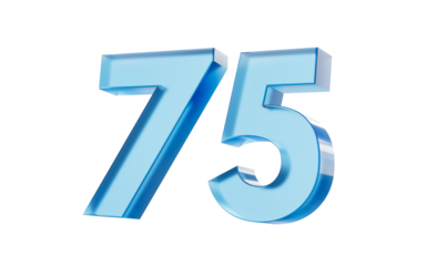 3d Glossy Blue number 75 with a smooth finish and reflective highlights. 3d illustration