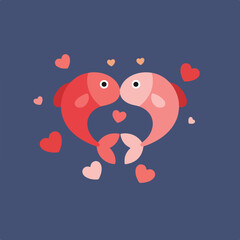 Two stylized fish form a heart shape on a blue background with scattered hearts.