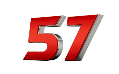 Metallic Red number 57 Fifty seven with a glossy finish and reflective silver edges. 3d illustration