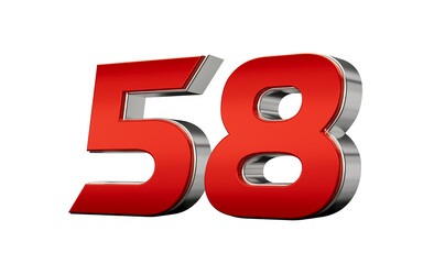 Metallic Red number 58 Fifty eight with a glossy finish and reflective silver edges. 3d illustration
