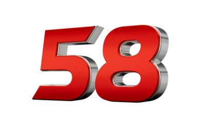 Metallic Red number 58 Fifty eight with a glossy finish and reflective silver edges. 3d illustration